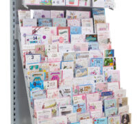 A photo of ca card stand containing various cards.
